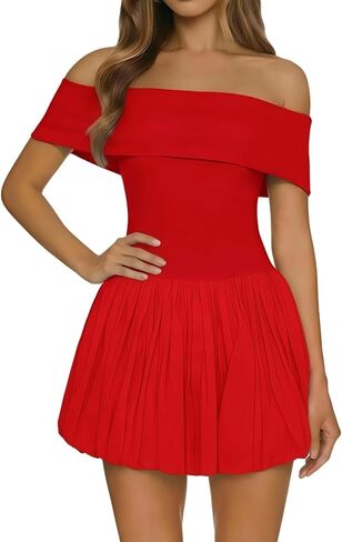 SHESEEWORLD Women 2025 Summer Short Sleeve Off Shoulder Corset Bubble Dress Ruched Ruffle Hem Mini Dress in Kuwait