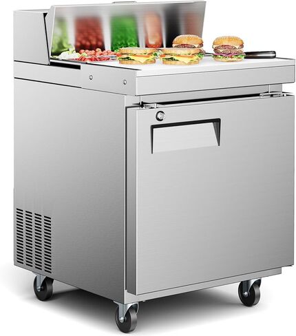 ETL & NSF Certified 27" W 1 Door 11.6 Cu.Ft Commercial Sandwich Salad Pizza Prep Table Refrigerator,Stainless Steel Food Prep Station Fridge,Condiment Cooler with Cutting Board, 1 Shelves 8 Pans in Kuwait