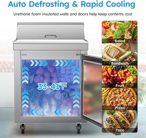 ETL & NSF Certified 27" W 1 Door 11.6 Cu.Ft Commercial Sandwich Salad Pizza Prep Table Refrigerator,Stainless Steel Food Prep Station Fridge,Condiment Cooler with Cutting Board, 1 Shelves 8 Pans in Kuwait