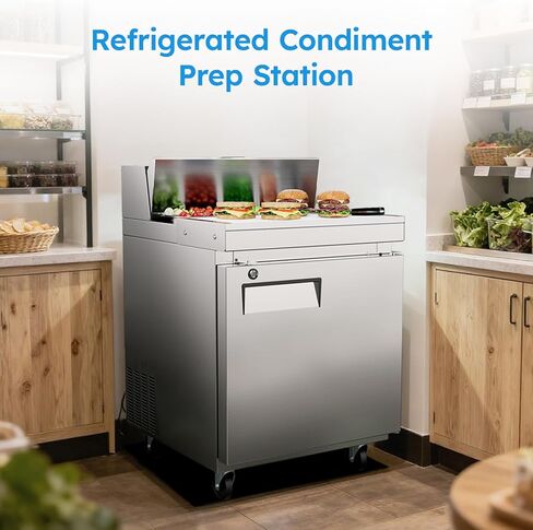 ETL & NSF Certified 27" W 1 Door 11.6 Cu.Ft Commercial Sandwich Salad Pizza Prep Table Refrigerator,Stainless Steel Food Prep Station Fridge,Condiment Cooler with Cutting Board, 1 Shelves 8 Pans in Kuwait