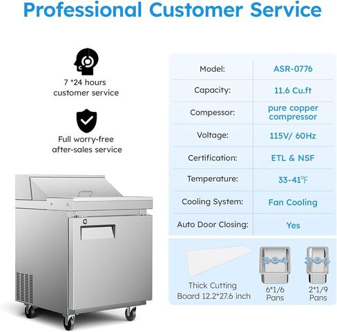 ETL & NSF Certified 27" W 1 Door 11.6 Cu.Ft Commercial Sandwich Salad Pizza Prep Table Refrigerator,Stainless Steel Food Prep Station Fridge,Condiment Cooler with Cutting Board, 1 Shelves 8 Pans in Kuwait