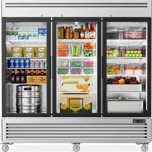 Coolake 82 "ثلاجة تجارية 3 أبواب زجاجية، 72 قدم مكعب من الفولاذ المقاوم للصدأ يمكن الوصول إليها في ثلاجة التاجر المستقيمة، 33 درجة فهرنهايت ~ 41 درجة فهرنهايت ثلاجة عرض تبريد لمطعم مقهى الفندق منطقة إعداد المطبخ in Kuwait