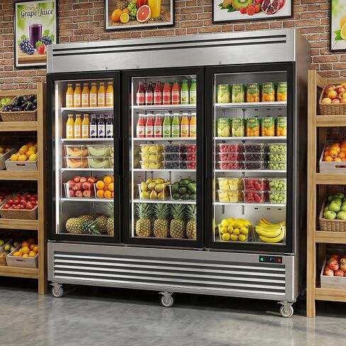 Coolake 82 "ثلاجة تجارية 3 أبواب زجاجية، 72 قدم مكعب من الفولاذ المقاوم للصدأ يمكن الوصول إليها في ثلاجة التاجر المستقيمة، 33 درجة فهرنهايت ~ 41 درجة فهرنهايت ثلاجة عرض تبريد لمطعم مقهى الفندق منطقة إعداد المطبخ in Kuwait