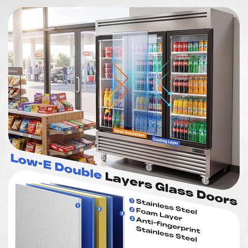 Coolake 82 "ثلاجة تجارية 3 أبواب زجاجية، 72 قدم مكعب من الفولاذ المقاوم للصدأ يمكن الوصول إليها في ثلاجة التاجر المستقيمة، 33 درجة فهرنهايت ~ 41 درجة فهرنهايت ثلاجة عرض تبريد لمطعم مقهى الفندق منطقة إعداد المطبخ in Kuwait