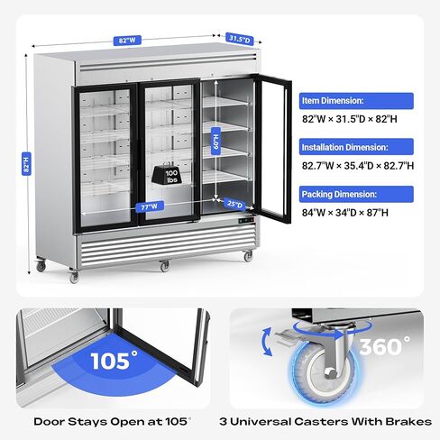 Coolake 82 "ثلاجة تجارية 3 أبواب زجاجية، 72 قدم مكعب من الفولاذ المقاوم للصدأ يمكن الوصول إليها في ثلاجة التاجر المستقيمة، 33 درجة فهرنهايت ~ 41 درجة فهرنهايت ثلاجة عرض تبريد لمطعم مقهى الفندق منطقة إعداد المطبخ in Kuwait