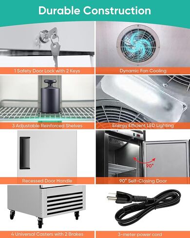 COOLCHEF 27" Commercial Refrigerator, 23 Cu. Ft Stainless Steel Upright Reach-in Fridge, 33℉~40℉, 3 Adjustable Shelves in Saudi Arabia