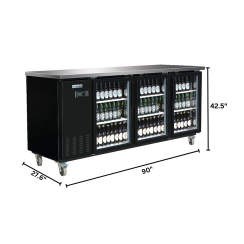 Empura 90" Back Bar Cooler Cabinet with 3 Swing Glass Doors | Commercial Refrigerator Fridge Beverage Beer for Restaurant Buffet | 90.4" W x 27.6" D x 42.5" H, Stainless Steel Countertop, Black, 115v in Kuwait
