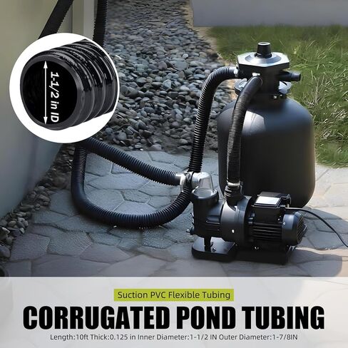 Pond Hose ID 1-1/2"x 10ft Flexible PVC Corrugated Pond Tubing Black Kinkproof Strong Flex Tubing for Garden Ponds, Waterfalls, Filters & Drainage,with 4 Clamps. in Kuwait