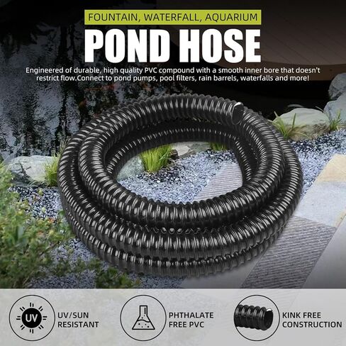 Pond Hose ID 1-1/2"x 10ft Flexible PVC Corrugated Pond Tubing Black Kinkproof Strong Flex Tubing for Garden Ponds, Waterfalls, Filters & Drainage,with 4 Clamps. in Kuwait