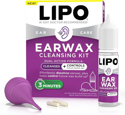مجموعة تنظيف شمع الأذن من ليبو - قطرات مساعدة لتنظيف شمع الأذن، حقنة لمبة وسدادات أذن قطنية، إزالة شمع الأذن سريعة المفعول، خالية من البيروكسيد، محلول آمن ولطيف للعناية بالأذن in Kuwait