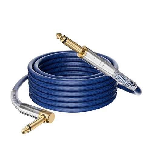 كابل أدوات الجيتار الاحترافي بطول 10 أقدام، 90 درجة بزاوية يمين إلى مستقيم 1/4 بوصة 6.35 مم TS سلك هاي فاي باس أمبير أحادي محمي، مطلي بالذهب، معزز SR لخلاط مضخم صوت الجيتار الكهربائي - أزرق in Kuwait