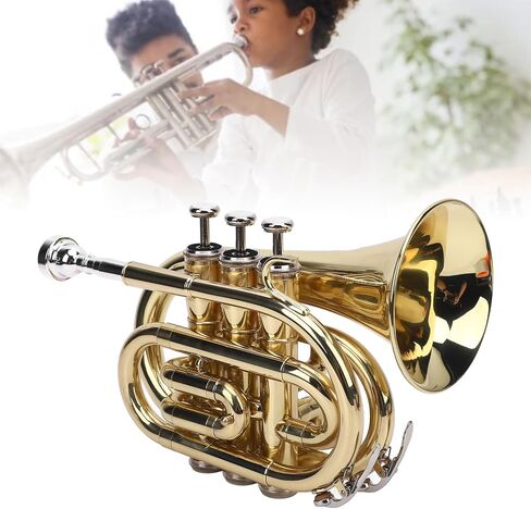 Asixxsix Bb Flat Brass Trumpet, Ni Plated Pocket Trumpet Kit with 7C Mouthpiece, Cleaning Cloth, Gloves, Strap, Hard Case, Compact for Beginners, Students and Professionals in Saudi Arabia