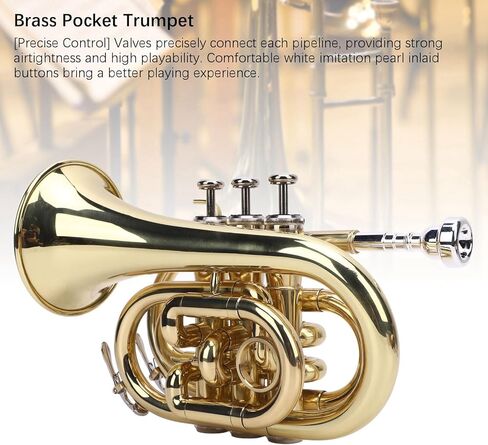 Pocket Trumpet Kit, Bb Flat Brass Trumpet for Beginners & Students, Ni Plated Pocket with 7C Mouthpiece, Cleaning Cloth, Gloves, Strap, Carrying Hard Case (Gold) in Saudi Arabia