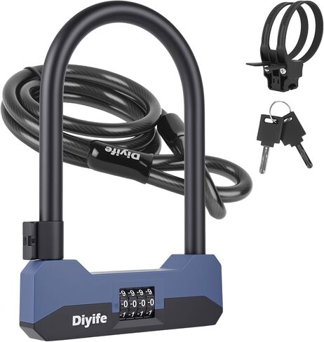 Diyife Bike U Lock Heavy Duty Anti Theft with 5FT Steel Cable, 18mm Shackle, 4-Digit Combination High Security Bike Lock with 2 Keys and Mounting Bracket for Electric Scooter, Ebike, Road, Motorcycle in Kuwait