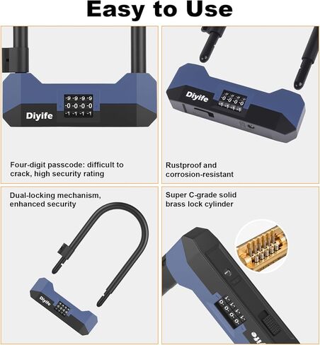 Diyife Bike U Lock Heavy Duty Anti Theft with 5FT Steel Cable, 18mm Shackle, 4-Digit Combination High Security Bike Lock with 2 Keys and Mounting Bracket for Electric Scooter, Ebike, Road, Motorcycle in Kuwait