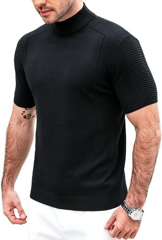 Men's Mock Turtleneck Sweater Short Sleeve Fashion Casual Tops Ribbed Knit Pullover Tees in Saudi Arabia
