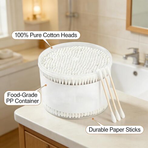 Dual-End Cotton Swabs, 500 Count, for Makeup, Nail Art, Facial Cleansing, Craft and Detail Cleaning, Made with Bamboo and Soft Cotton in Saudi Arabia