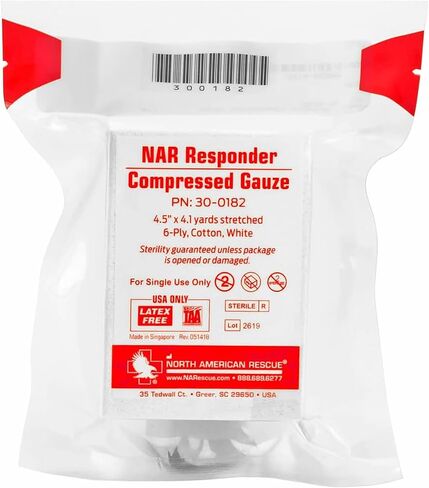 North American Rescue Responder Compressed Gauze (Rolled) NAR Sterile Cotton Bandage for Bleeding Control, Wounds, Injuries (30-0182) in Kuwait