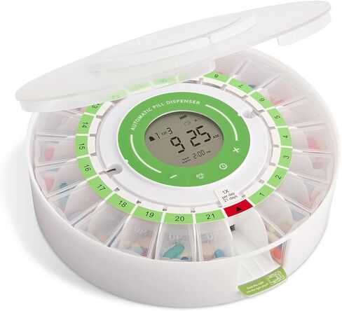 LiveFine Automatic Pill Dispenser with Removable Cups, 21 Compartments, 9 Dosage Rings, Alarm Reminder, LCD Display, Sound & Light Alerts, Locking Key for Vitamins, Supplements, Medications & Seniors in Kuwait