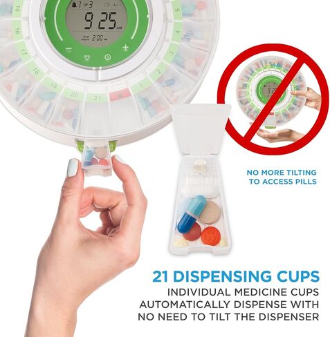 LiveFine Automatic Pill Dispenser with Removable Cups, 21 Compartments, 9 Dosage Rings, Alarm Reminder, LCD Display, Sound & Light Alerts, Locking Key for Vitamins, Supplements, Medications & Seniors in Kuwait