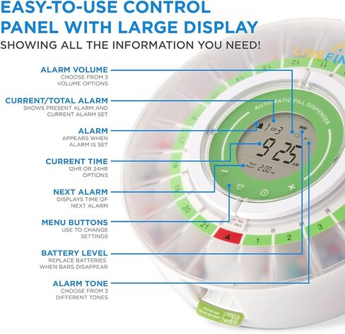 LiveFine Automatic Pill Dispenser with Removable Cups, 21 Compartments, 9 Dosage Rings, Alarm Reminder, LCD Display, Sound & Light Alerts, Locking Key for Vitamins, Supplements, Medications & Seniors in Kuwait