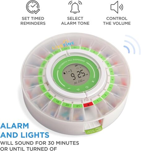 LiveFine Automatic Pill Dispenser with Removable Cups, 21 Compartments, 9 Dosage Rings, Alarm Reminder, LCD Display, Sound & Light Alerts, Locking Key for Vitamins, Supplements, Medications & Seniors in Kuwait