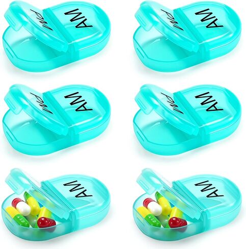 6 PCS Pill Organizer AM PM, 2 Compartment Pill Box for Pocket or Purse, Small Daily Medicine Case, Travel Pill Holder, Easy Open Pill Container for Seniors, Vitamins & Supplements (Green) in Kuwait