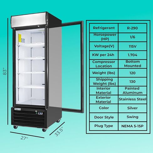 Frigos FG-MR-1D-G 27" Black Swing Glass 1 Door Merchandiser Refrigerator with LED Lighting - Energy Efficient Commercial Refrigeration Unit - Display Fridge Included Liftgate in Kuwait