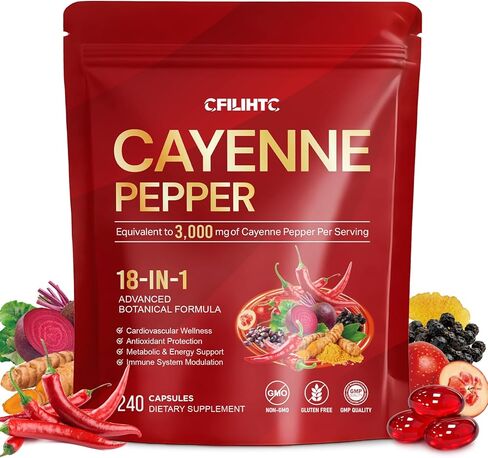 مكمل كبسولات الفلفل الحار | 18 في 1 3000 مجم لكل حصة مع مرافق الإنزيم Q10 وفيتامينات D3 وK2 وE والشمندر | يدعم الدورة الدموية الصحية، والحماية من مضادات الأكسدة، ووظيفة التمثيل الغذائي* | 240 كبسولة in Kuwait