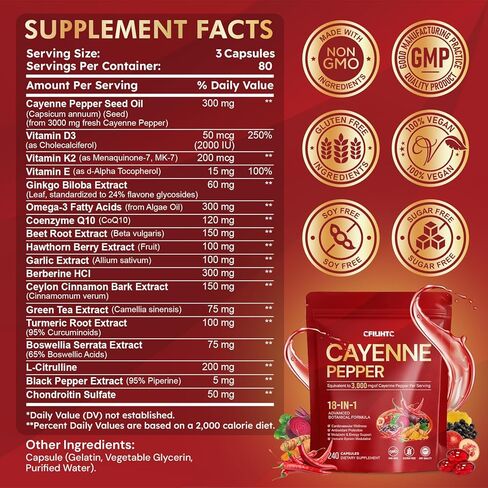 مكمل كبسولات الفلفل الحار | 18 في 1 3000 مجم لكل حصة مع مرافق الإنزيم Q10 وفيتامينات D3 وK2 وE والشمندر | يدعم الدورة الدموية الصحية، والحماية من مضادات الأكسدة، ووظيفة التمثيل الغذائي* | 240 كبسولة in Kuwait