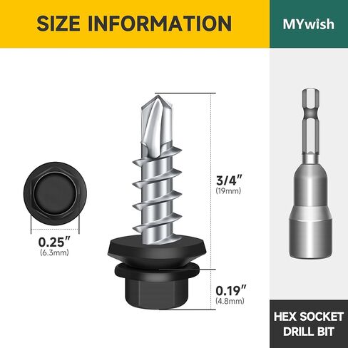 Mywish 100pcs #10 x 3/4 Hex Head Self-Drilling Sheet Metal Roofing Screws with EPDM Washer, Black Colored Hex Wood Screw, Sheet Metal Roof Screws with Hex Socket in Saudi Arabia