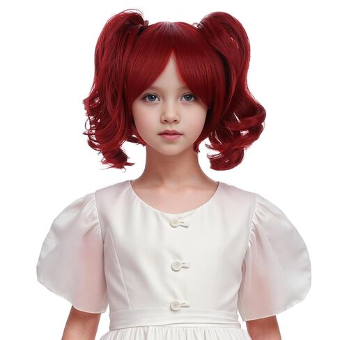 Girls Wine Red Two Ponytail Wig Kids Short Wine Red Wavy Curly Wig with Bangs Heat Resistant Synthetic Wig with Wig Cap in Kuwait