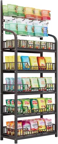 رف عرض حلوى التجزئة من 5 طبقات، عرض 23.6 بوصة / 60 سم رف تخزين الوجبات الخفيفة مع خطافات وعجلات، أرفف عرض شرائح البطاطس ذات الأسلاك المعدنية لرف متجر السوبر ماركت، المطبخ المنزلي، أسود in Kuwait