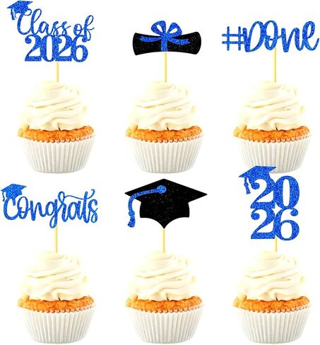 Graduation Decorations 2025-24Pcs Blue Glitter Graduation Cupcake Toppers for Class of 2025 Party Decorations in Kuwait