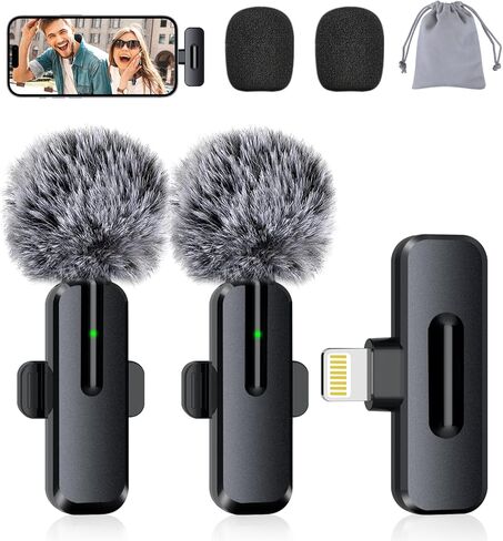 Wireless Mini Microphone for iPhone - 2 Pack Lavalier Microphone for Video Recording, 2 in 1 Noise Reduction Lapel Mic for Ipad, Android,Clip-on Mini Mic with Charging Case in Kuwait