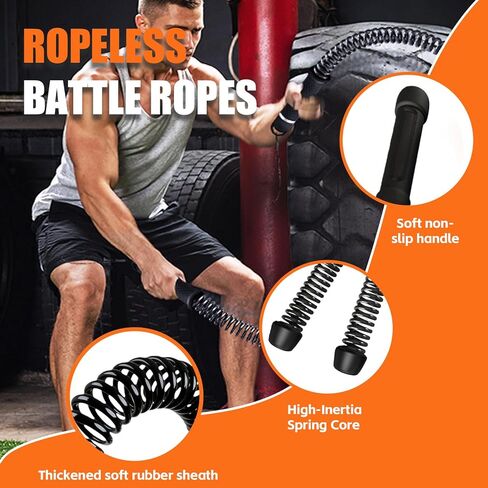 RunBaiNianCordless Battle Rope 2 Pack حبل تدريب ثقيل محمول لتمارين القلب والقوة HIIT معدات الصالة الرياضية المنزلية للرجال والنساء in Kuwait
