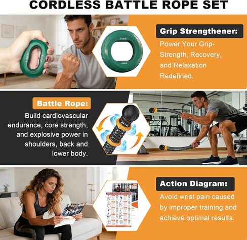 حبال معركة مرجحة بدون حبال، حبال معركة لاسلكية قابلة للتعديل لصالة الألعاب الرياضية المنزلية مع مقويات للقبضة، حبل تمرين للتمرين منخفض التأثير، القوة وHIIT، عصي حبل المعركة للرجال والنساء in Kuwait