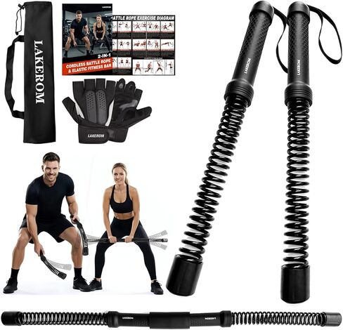 حبال المعركة بدون حبال (2 في 1) شريط اللياقة البدنية Elatic، حبال المعركة اللاسلكية مع دليل التمرين، معدات رياضية منزلية محمولة لـ HIIT، تدريبات قوية منخفضة التأثير للرجال والنساء باللون الأسود in Kuwait