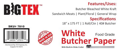 White Butcher Paper 18 inch x 175 feet, 2" Core, 1 Roll, 40lb. Big Tex by ALLIANCE – Food Grade BBQ Smoking Paper, Made in the USA in Saudi Arabia