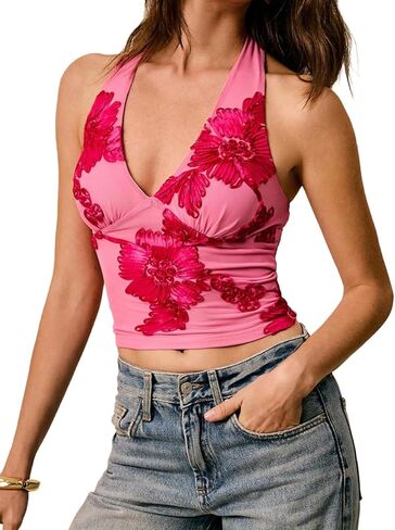 Milumia Women Floral Halter Top Deep v Neck Summeress Summer Beach Tops in Saudi Arabia