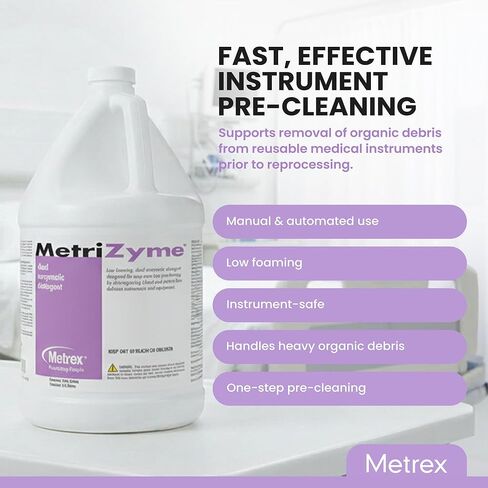 منظف ​​Metrex MetriZyme ثنائي الأنزيمية، 1 جالون - منظف إنزيمي للتنظيف المسبق للأدوات الطبية، تركيبة منخفضة الرغوة مع مواد خافضة للتوتر السطحي، لطيفة على الأدوات، عطر النعناع in Kuwait