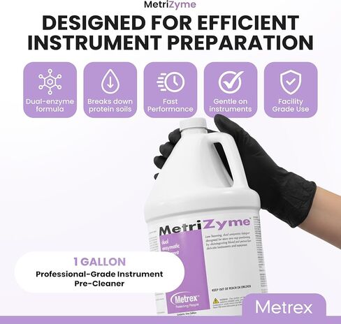 منظف ​​Metrex MetriZyme ثنائي الأنزيمية، 1 جالون - منظف إنزيمي للتنظيف المسبق للأدوات الطبية، تركيبة منخفضة الرغوة مع مواد خافضة للتوتر السطحي، لطيفة على الأدوات، عطر النعناع in Kuwait