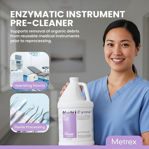 منظف ​​Metrex MetriZyme ثنائي الأنزيمية، 1 جالون - منظف إنزيمي للتنظيف المسبق للأدوات الطبية، تركيبة منخفضة الرغوة مع مواد خافضة للتوتر السطحي، لطيفة على الأدوات، عطر النعناع in Kuwait