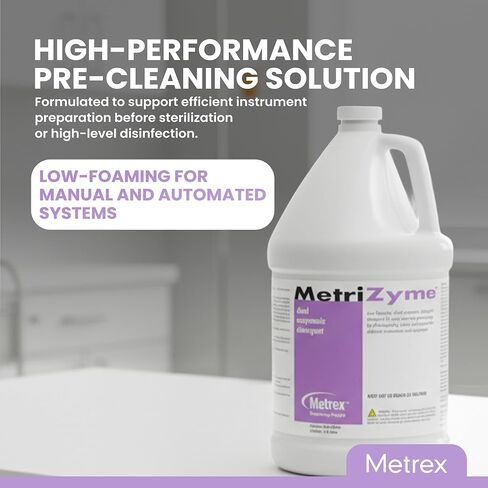 منظف ​​Metrex MetriZyme ثنائي الأنزيمية، 1 جالون - منظف إنزيمي للتنظيف المسبق للأدوات الطبية، تركيبة منخفضة الرغوة مع مواد خافضة للتوتر السطحي، لطيفة على الأدوات، عطر النعناع in Kuwait