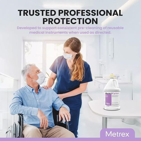 منظف ​​Metrex MetriZyme ثنائي الأنزيمية، 1 جالون - منظف إنزيمي للتنظيف المسبق للأدوات الطبية، تركيبة منخفضة الرغوة مع مواد خافضة للتوتر السطحي، لطيفة على الأدوات، عطر النعناع in Kuwait