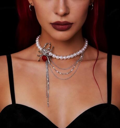 Spider Statement Necklace for Women Whimsy Goth Pearl Choker Gothic Stacking Necklaces Chrome Western Necklaces for Women Layered Grunge Emo Heart y2k Red Spider Chain in Saudi Arabia