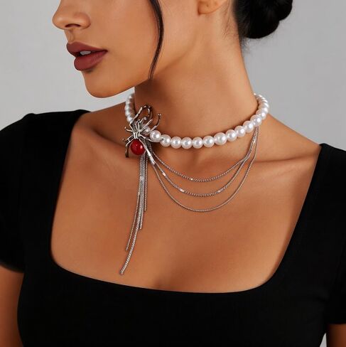 Spider Statement Necklace for Women Whimsy Goth Pearl Choker Gothic Stacking Necklaces Chrome Western Necklaces for Women Layered Grunge Emo Heart y2k Red Spider Chain in Saudi Arabia