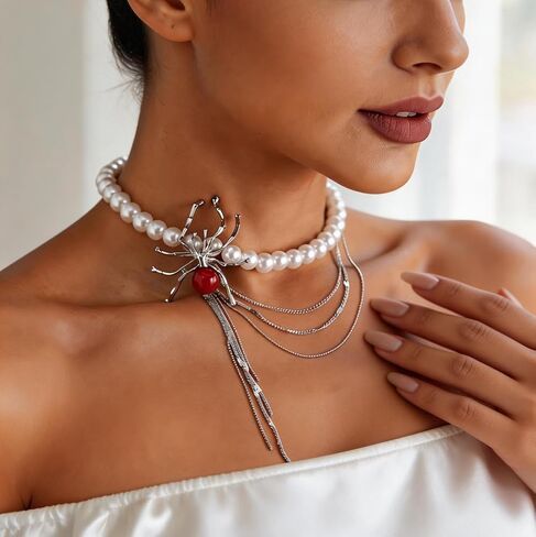 Spider Statement Necklace for Women Whimsy Goth Pearl Choker Gothic Stacking Necklaces Chrome Western Necklaces for Women Layered Grunge Emo Heart y2k Red Spider Chain in Saudi Arabia
