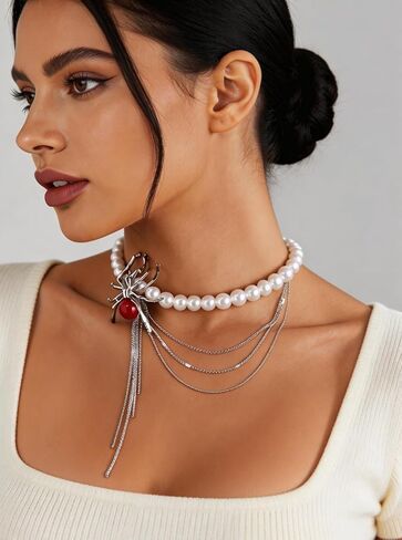 Spider Statement Necklace for Women Whimsy Goth Pearl Choker Gothic Stacking Necklaces Chrome Western Necklaces for Women Layered Grunge Emo Heart y2k Red Spider Chain in Saudi Arabia
