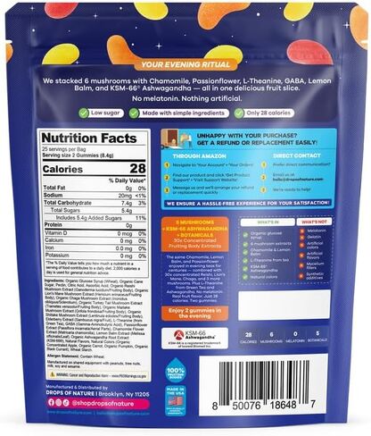 قطرات من فطر النوم الطبيعي، علكات خالية من الميلاتونين - أشواغاندا إل ثيانين، إلدربيري ليونز مين، ذيل تركيا، بلسم الليمون، غابا - مزيج الفطر الليلي الفائق (فواكه مختلطة، 50 علكة) in Kuwait